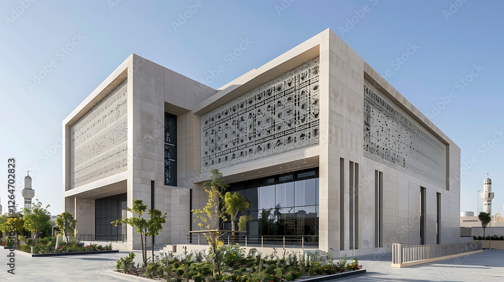 A modern building with clean lines, incorporating Islamic calligraphy as part of its architectural elements A modern building with clean lines, incorporating Islamic calligraphy as part of its architectural elements