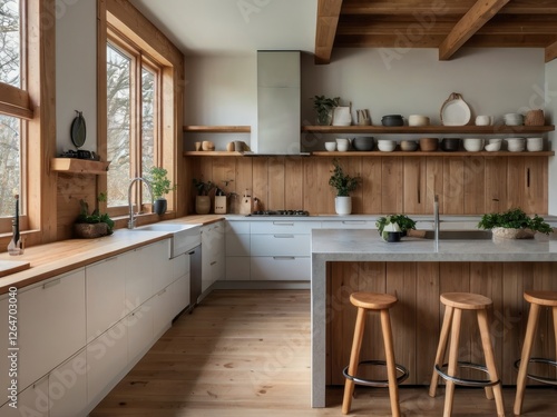 Elegant kitchen showcases wood accents white cabinetry and natural light