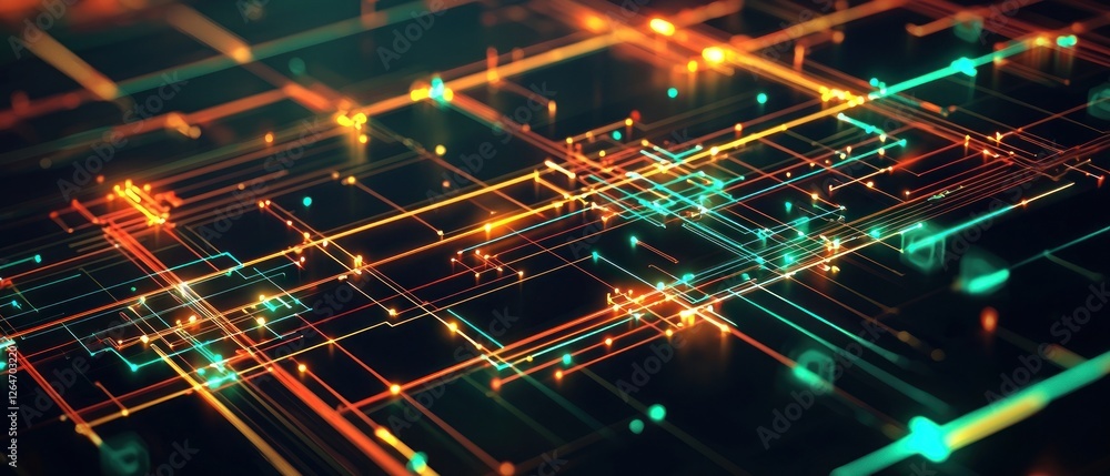 Obraz premium Abstract Network Data Visualization with Glowing Orange and Teal Lines