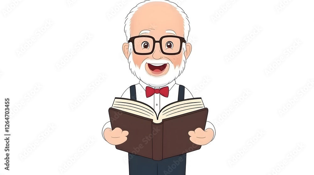 Cheerful Elderly Man Reading Book with Glasses and Bowtie Cheerful Elderly Man Reading Book with Glasses and Bowtie