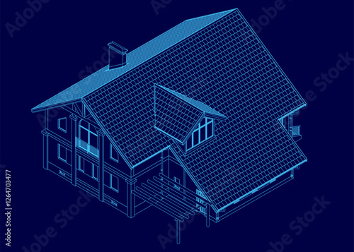 A blue house with a slanted roof and a chimney. The house has a modern design with large windows that let in plenty of natural light. Isometric view