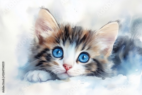 Adorable fluffy kitten with striking blue eyes lounging on a soft surface