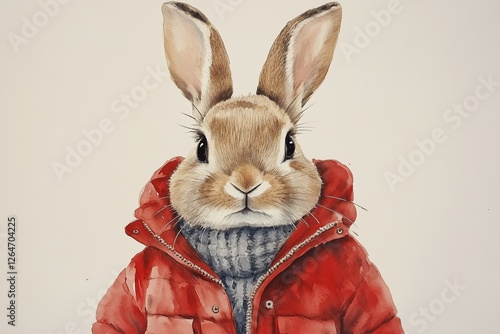 Cartoon rabbit dressed in red jacket stands confidently against a colorful ba...