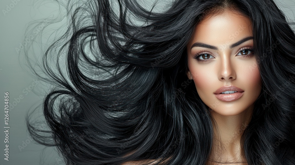 A portrait of a woman with stunning black hair styled into glamorous waves. A portrait of a woman with stunning black hair styled into glamorous waves.