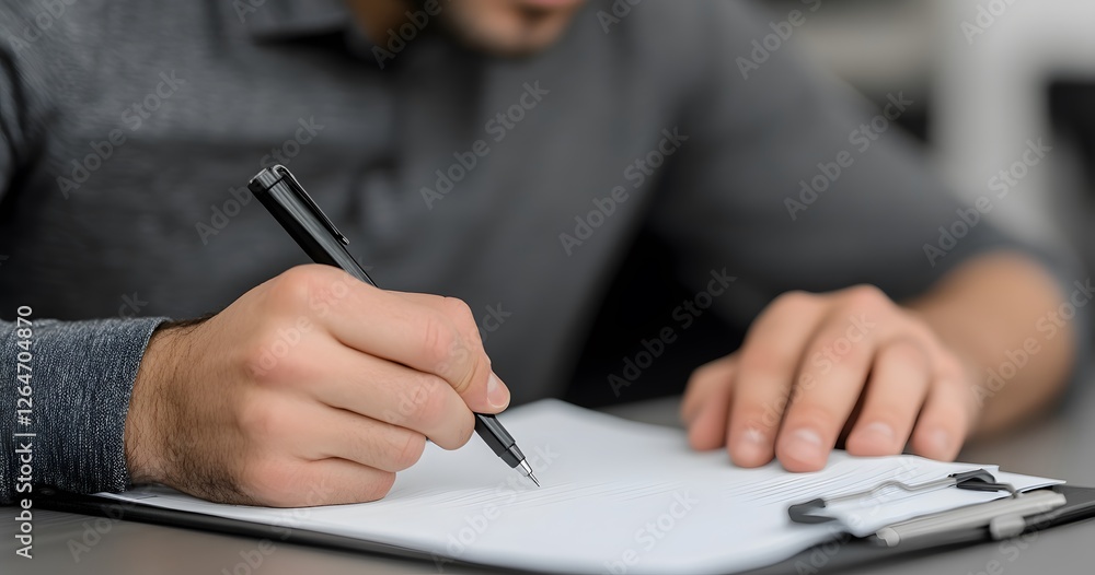 Man signing document at desk, office background Man signing document at desk, office background
