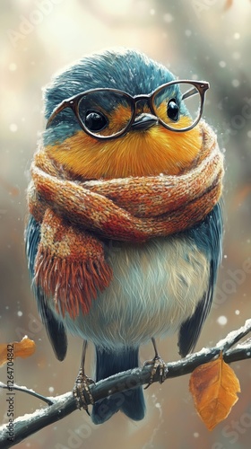 Cute bird wearing glasses and a cozy scarf amidst a snowy autumn landscape