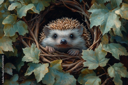 Hedgehog peeks out from a nest surrounded by autumn leaves in a serene forest...