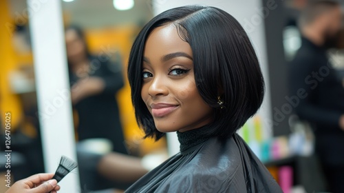 A stylist cutting black hair into a chic bob in a salon.