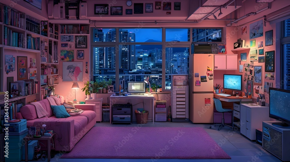 Fototapeta premium Cozy Pink Apartment with City Night View