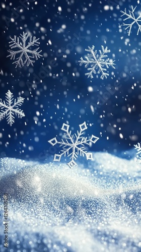 Intricate snowflake resting on a blanket of soft snow under bright winter sun...