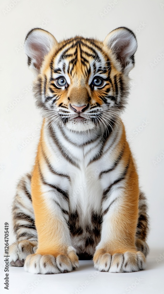 Fototapeta premium Young tiger cub sitting quietly with bright blue eyes and striking fur pattern in a neutral setting