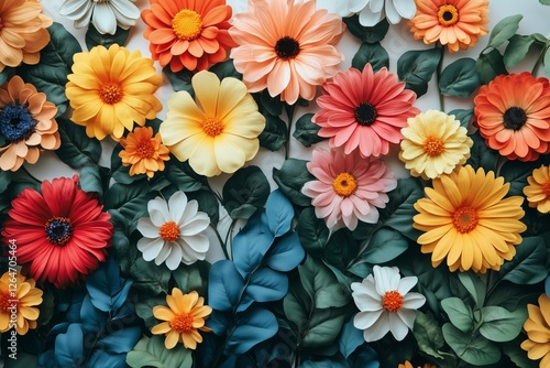 Bright and colorful artificial flowers arranged on a wall for decoration in a...