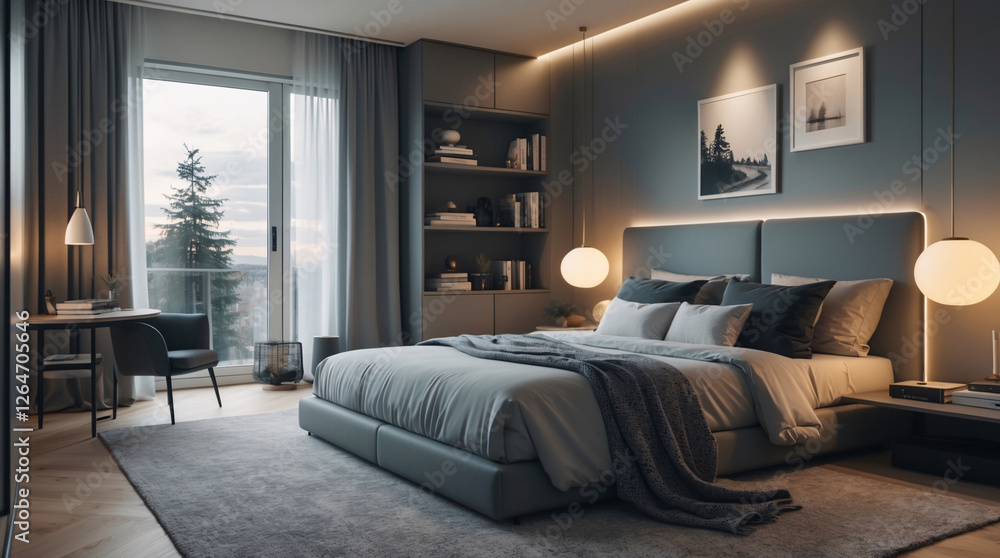 Scandinavian inspired bedroom featuring neutral furniture inviting bed mirror lamp and a beautiful outdoor nature view outside the window Modern Interior Design Inspiration Scandinavian inspired bedroom featuring neutral furniture inviting bed mirror lamp and a beautiful outdoor nature view outside the window Modern Interior Design Inspiration