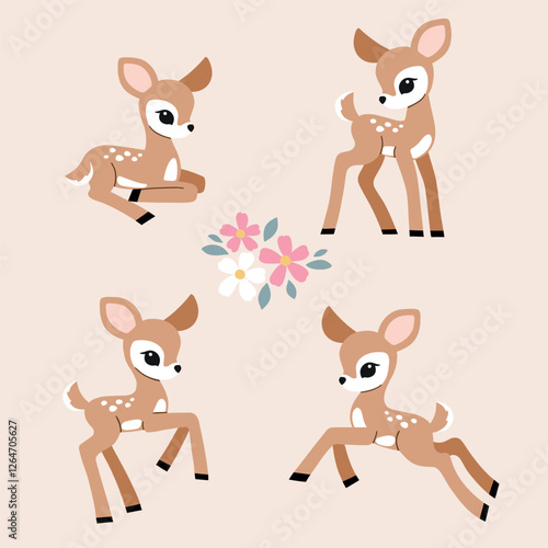 Cute vintage fawn characters. Perfect for stickers, tee shirt logo, greeting card, poster, invitation or print design. EPS10 vector file.