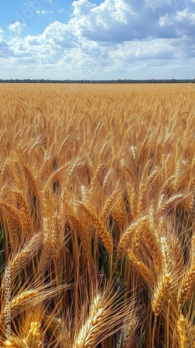 Wheat field under a blue sky with fluffy clouds during the summer season