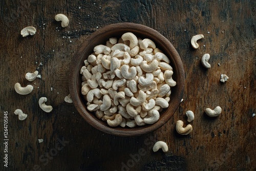 Wooden Bowl of Cashews on Dark Wooden Surface photo