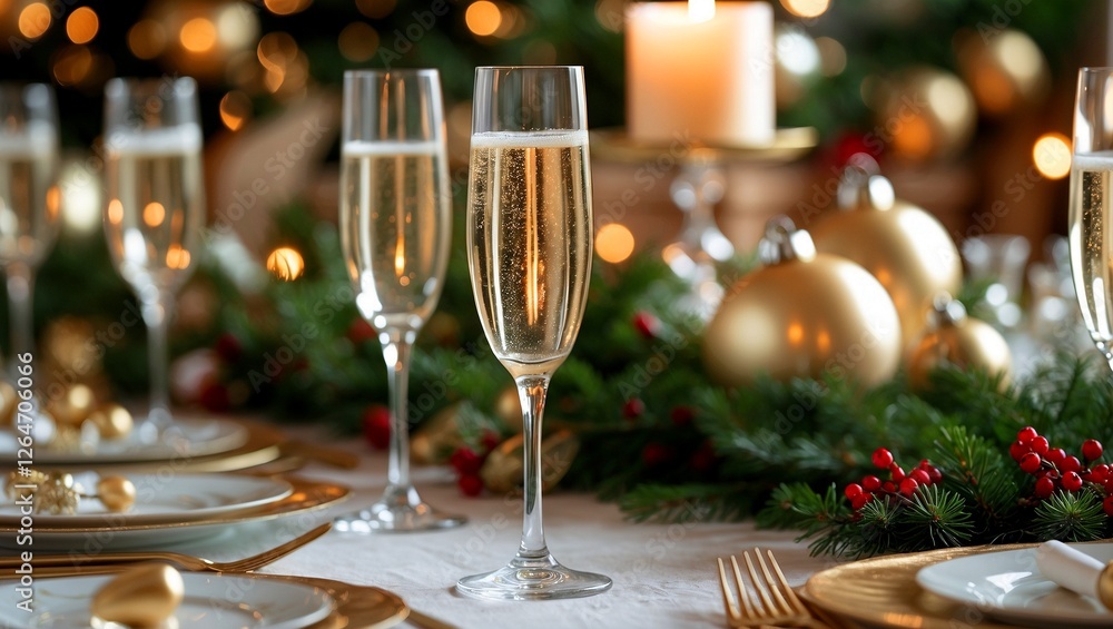 Elegant festive table setting with champagne glasses