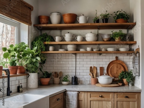 Wallpaper Mural Rustic kitchen showcases wooden shelves with plants and dishware Torontodigital.ca