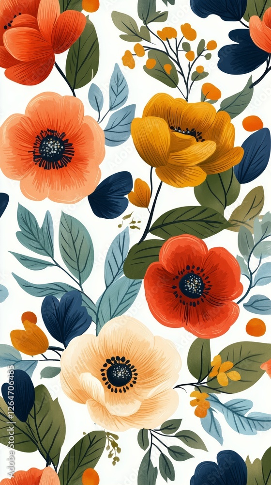 Φωτογραφία Colorful floral pattern featuring various flowers and leaves on a light backgrou