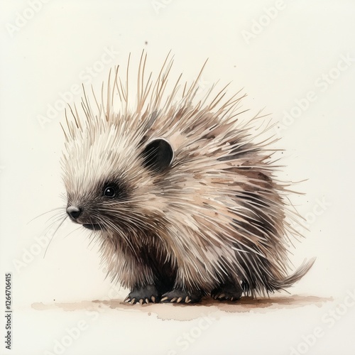 Portrait of a cute porcupine with distinct fur details and expressive eyes on...
