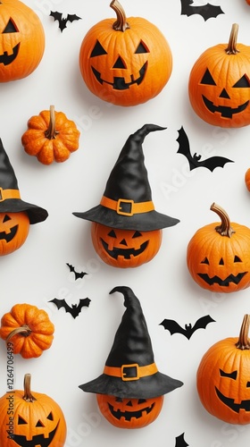 Halloween decorations featuring carved pumpkins and bats on a white backgroun...
