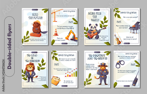 A vector set of double-sided flyers featuring anthropomorphic animals in different professions: builder, musician, leader, and police officer. Ideal for career motivation, education, and inspiration. 