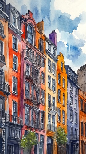 Colorful urban buildings with fire escapes in a lively street setting