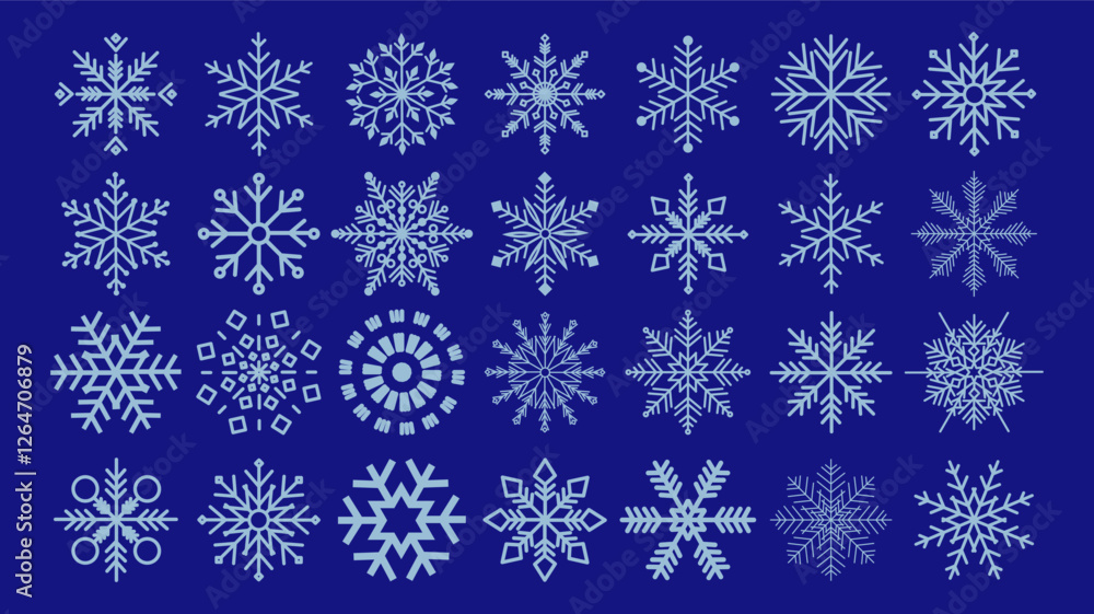 Collection of geometric snowflakes. Flat elements of different snowflake shapes. Set of snowflakes for holiday banner, postcard or decoration. New Year vector ornament.