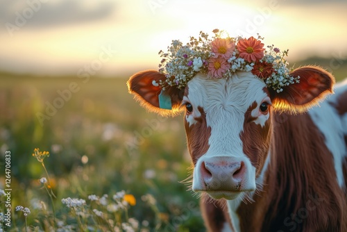 Cow adorned with floral crown in a vibrant pasture during sunset