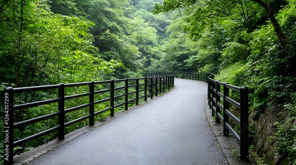 Gravel Path Through Lush Green Forest With Black Railing Gravel Path Through Lush Green Forest With Black Railing