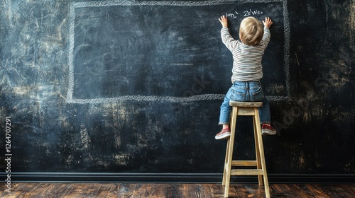 Wallpaper Mural A child standing on a stool to reach a blackboard, writing their name. Torontodigital.ca