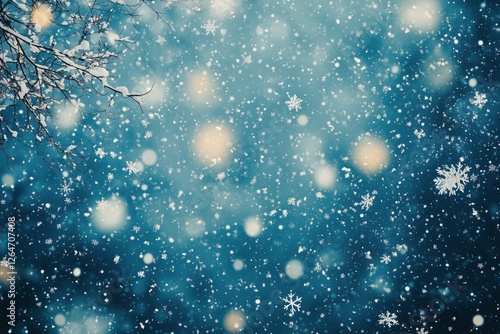 Frost-covered branches with falling snow create a serene winter atmosphere in...