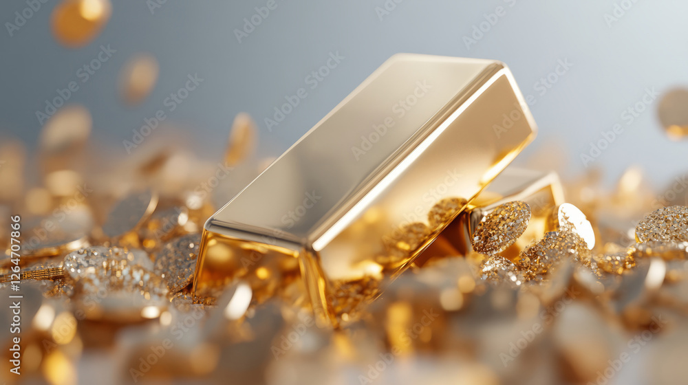 Glimmering Gold Bar Surrounded by Shimmering Coins and Dust in an Elegant Display of Wealth and Luxury under Soft Blue Light Glimmering Gold Bar Surrounded by Shimmering Coins and Dust in an Elegant Display of Wealth and Luxury under Soft Blue Light