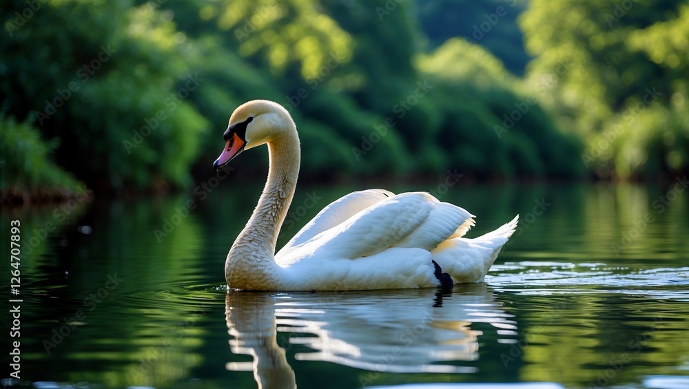 Fototapeta premium Elegant swan gliding through reflective calm waters
