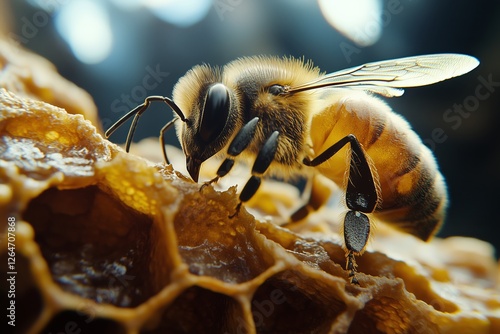 Close-up view of a bee feeding on honeycomb in a lush garden during the after...