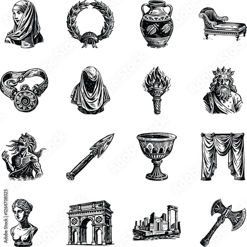 Set of Vintage Style Ancient Roman Culture Illustrations 

