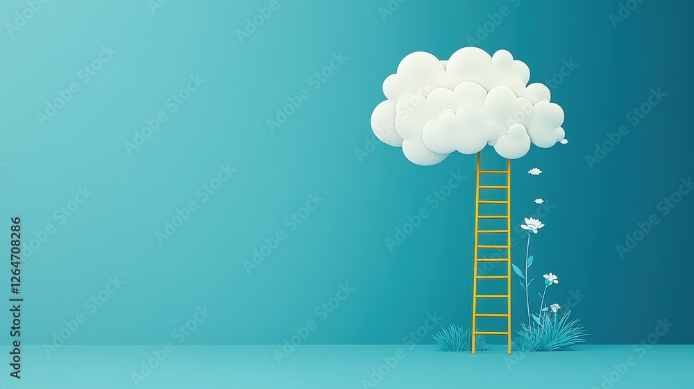 Whimsical Cloud Ladder with Yellow Steps and Blossoming Flowers Whimsical Cloud Ladder with Yellow Steps and Blossoming Flowers