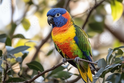 Colorful parrot perched on a tree branch in a tropical forest habitat