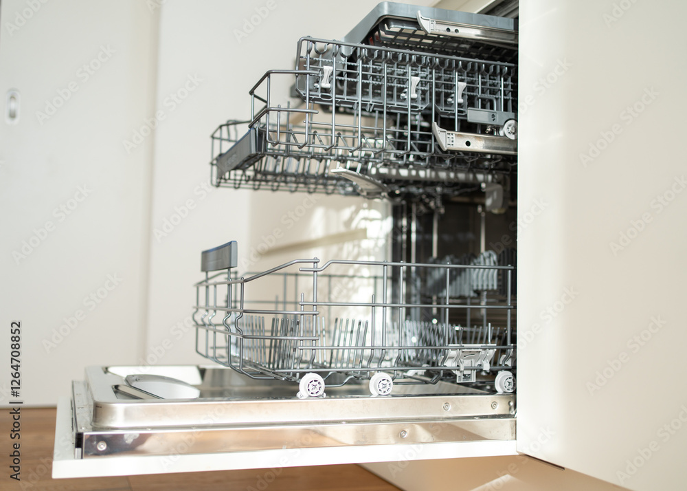 open built-in empty dishwasher with shelves extended . High quality photo open built-in empty dishwasher with shelves extended . High quality photo