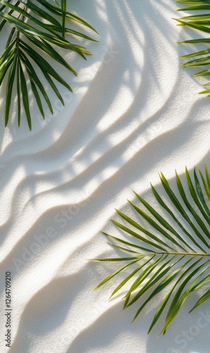 Tropical serenity with delicate palm fronds and shadows on fine white sandy texture