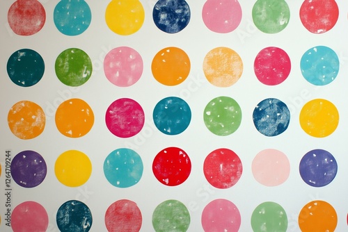 Colorful polka dot pattern on textured wallpaper in a bright, cheerful setting
