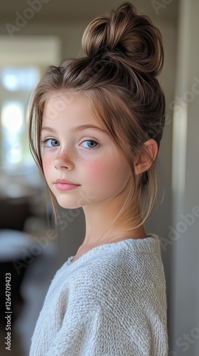 Young girl with beautiful hair and soft expression in a cozy indoor setting