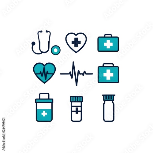 Healthcare and Medical Icons – Stethoscope, Heartbeat, First Aid, Pills, Ambulance – Professional Vector – Transparent Background

