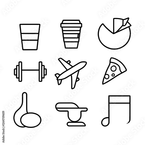 Lifestyle and Daily Icons – Coffee, Dumbbell, Travel, Food, Music – Minimalist Flat & Line Art – Transparent or White Background

