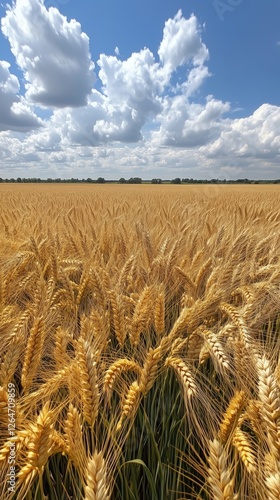 Wheat field under a blue sky with fluffy clouds during the summer season