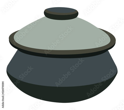 Traditional black clay cooking pot with lid, rustic ceramic cookware illustration