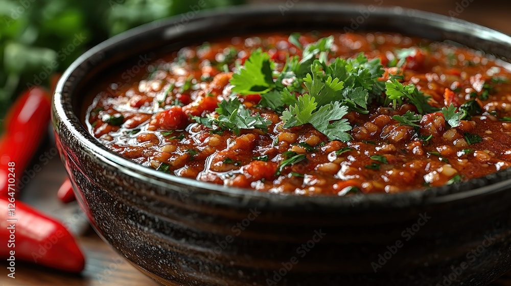 Delicious bowl of chili garnished with fresh cilantro and red chilies Delicious bowl of chili garnished with fresh cilantro and red chilies