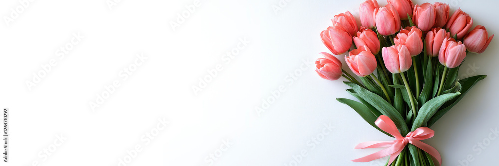 Greeting background with Bouquet of fresh pink tulips a white background . Festive banner for birthday, Mother's day, Women's day, March 8,Easter, anniversary. Flat lay. Top view. Copy space. Mock up
