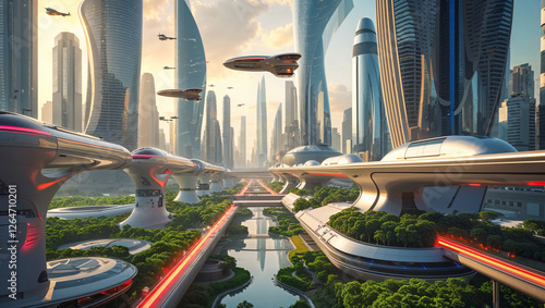 Futuristic Smart City With Advanced Architecture and Flying Vehicles concepts related to future technology, smart cities, innovation, and science fiction world-building photo