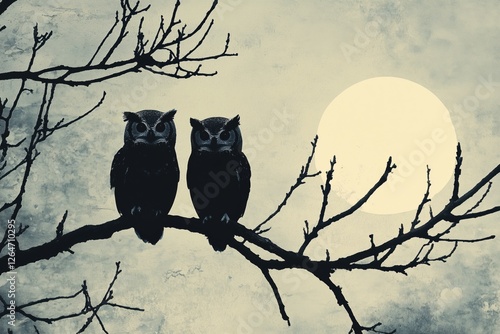 Two owls resting on a branch under a full moon at night in a tranquil landscape
